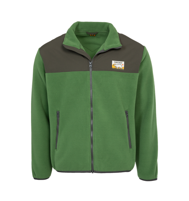 Image 1 of 4 - GREEN - HUMAN MADE fleece jacket with a heart motif on the back and polar bear name tag attached to the front. SHELL: 100% POLYESTER / PARTS: 100% NYLON. 