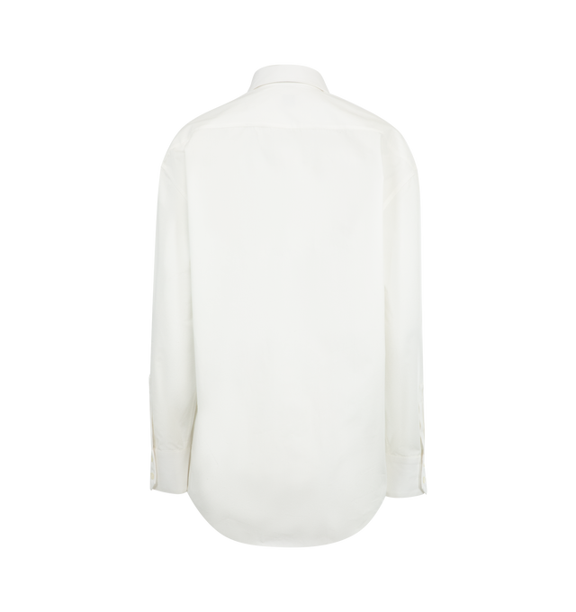 Image 2 of 2 - WHITE - SAINT LAURENT Cassandre Shirt featuring buttoned shirt with a pointed collar, drop shoulders, cassandre embroidery above the hem, front button closure, two-button mitered cuffs with concealed one-button pleated placket and curved hem. 100% cotton. Made in Italy.