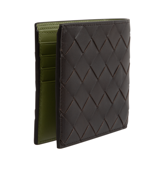 Image 2 of 3 - BLACK - BOTTEGA VENETA Intrecciato Bi-Fold Wallet featuring intrecciato calfskin leather wallet with contrasted interior, eight card slots, two bill compartments, two additional pockets. 3.7 x 4.3 x 0.4. Calfskin. Made in Italy.