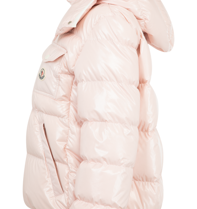 Image 4 of 4 - PINK - MONCLER Andro Hooded Short Down Jacket featuring nylon, longue saison lining, down-filled, detachable and adjustable hood, zipper closure, zipped pockets and elastic cuffs and hem. 100% polyamide/nylon. Padding: 90% down, 10% feather. Made in Romania.