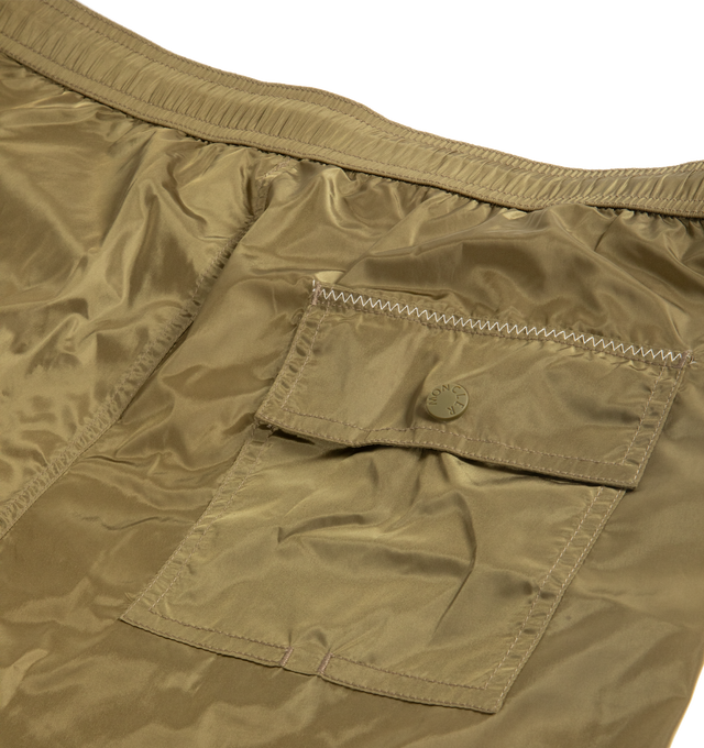 Image 3 of 3 - BROWN - MONCLER Logo Swim Shorts featuring micro mesh lining, adjustable waistband, snap button closure, side pockets, back pocket with snap button closure, stitching details and logo patch. 100% polyamide/nylon. Made in Albania.