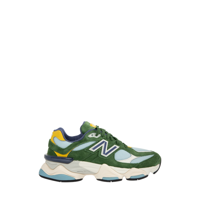 Image 1 of 5 - GREEN - NEW BALANCE 9060 Sneaker featuring mesh upper with suede overlays, dual-density midsole with ABZORB and SBS cushioning, tongue logo inspired by original 991 lace jewel, translucent CR device at heel and diamond outsole pattern.