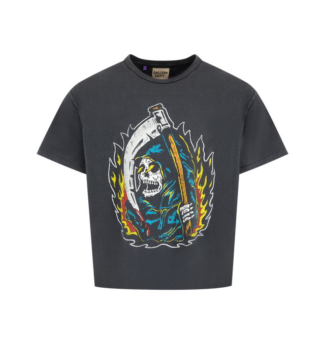 Image 1 of 2 - BLACK - GALLERY DEPT. Big Reaper ATK Tee featuring vintage wash & fade, distressed faded printed logo, gold glitter GD English logotype back, relaxed 90's fit, short sleeves and crew neck. 100% cotton. Made in USA.