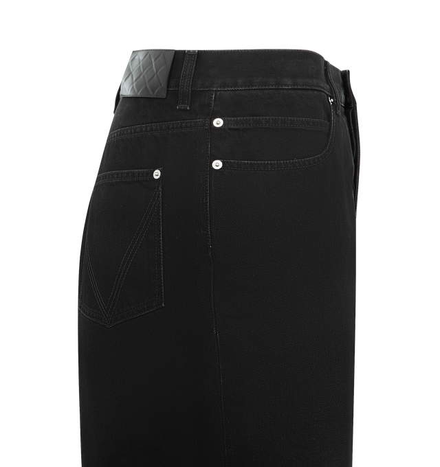 Image 3 of 3 - BLACK - BOTTEGA VENETA Faded Black Denim Shorts featuring faded black washed denim shorts, wide leg, embossed Intrecciato leather patch and button closure. 100% cotton. Made in Italy.