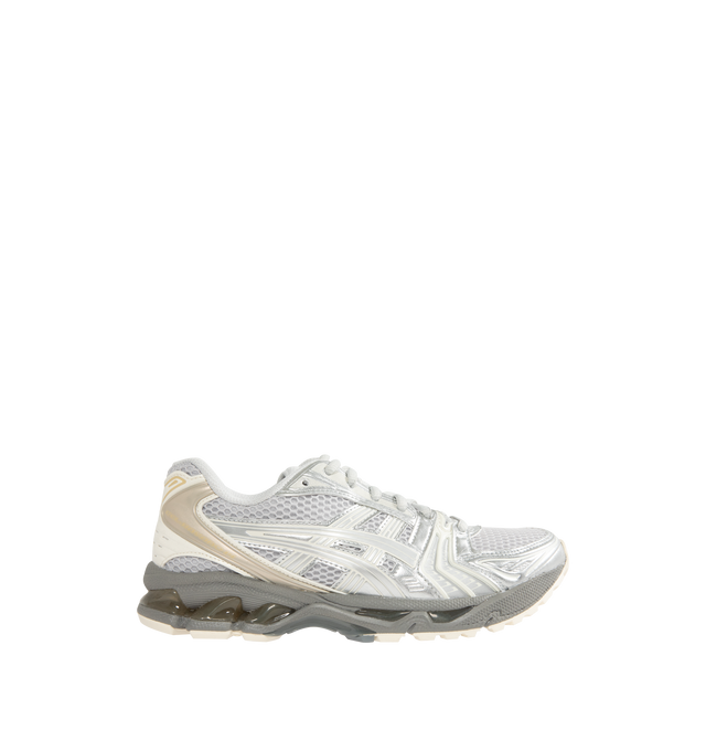 Image 1 of 5 - WHITE - Asics GEL-Kayano 14 Sneakers are lace-up style with rip-stop underlays, GEL cushioning, and TRUSSTIC support system. Unisex style in men's sizing.
