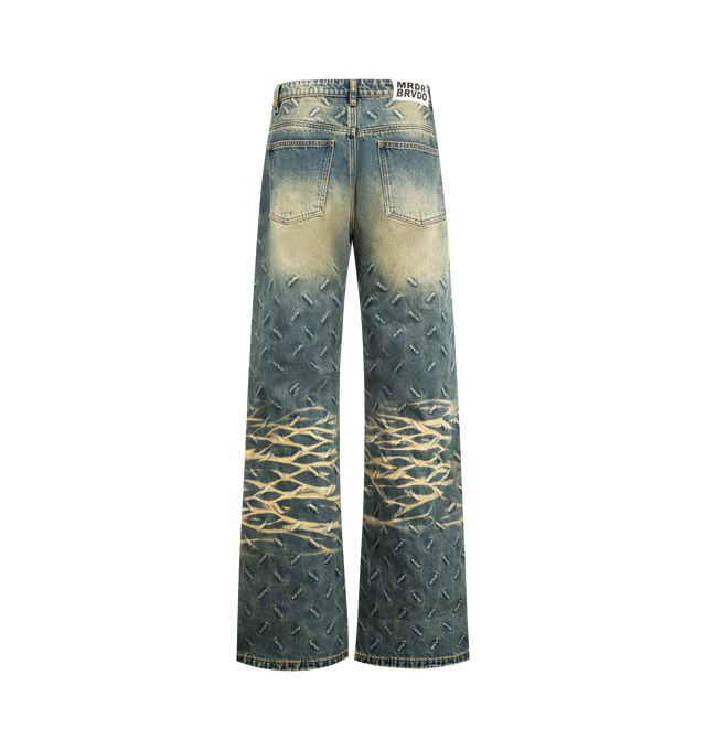 Image 2 of 3 - BLUE - WHO DECIDES WAR Thread Plate Denim featuring non-stretch denim, zip fly and button closure, 5-pocket styling, an allover thread plate pattern, regular fit and flared cut. 100% cotton.