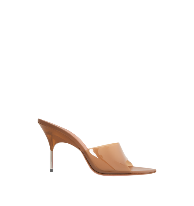 Image 1 of 4 - BROWN - AMINA MUADDI Bianca Glass Slipper featuring shiny silver heel, pointed open toe and 95mm plexi heel. 100% PVC. Lining: 100% goatskin. Made in Italy.
