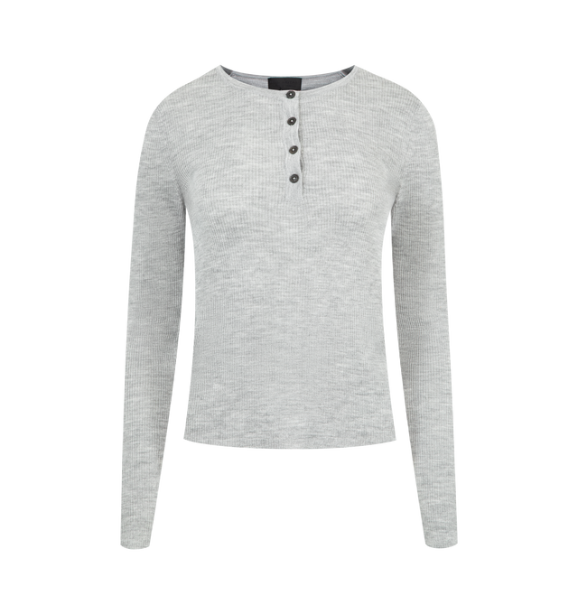 Image 1 of 2 - GREY - NILI LOTAN Klarise Sweater featuring slim fit, fine gauge, long sleeves, Italian merino silk blend, regular length, faux horn button closure, tubular neck trim, and fashioning detail along arm hole and shoulder. 70% Merino wool, 30% silk.