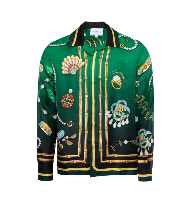 Image 1 of 2 - GREEN - CASABLANCA JEWELRY-PRINT BUTTON SILK SHIRT features a Cuban collar, button front, long sleeves, button cuffs, chest patch pocket and has a classic fit. 100% silk 
