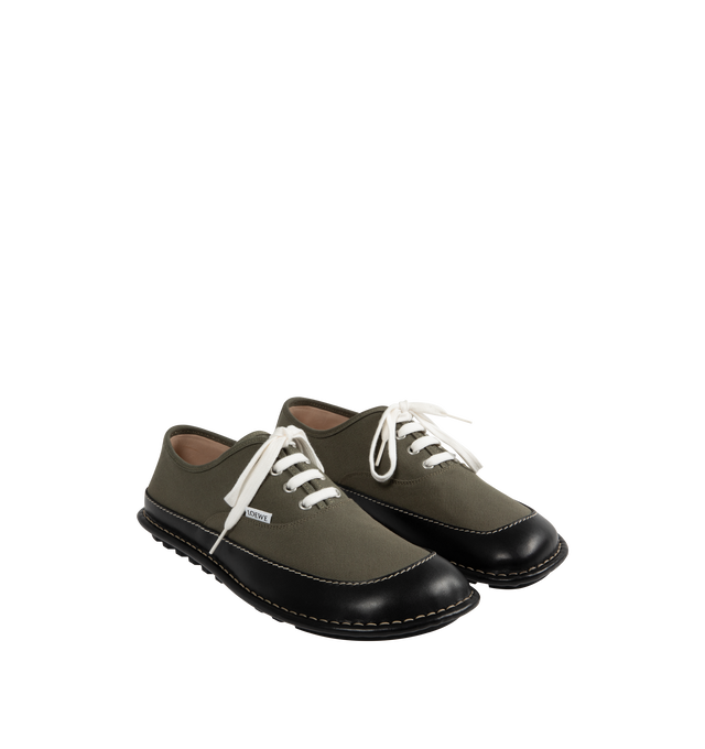 Image 2 of 5 - GREEN - LOEWE Bay Lace-Up Shoe featuring a flexible and lightweight construction with the LOEWE signature asymmetric bulky toe shape, contrast topstitching, lace closure, TPU outsole with enhanced grip and LOEWE fabric tab at the side. Canvas/calf. Made in Italy.