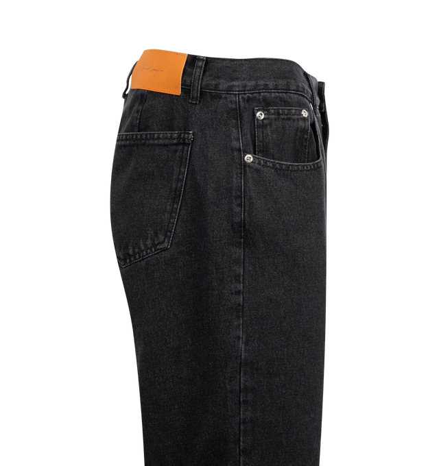 Image 3 of 3 - BLACK - SECOND LAYER Valluco Denim 1 Jeans featuring standard fit, non-stretch, five-pocket style and contrasting leather logo patch at back waistband. 100% cotton.