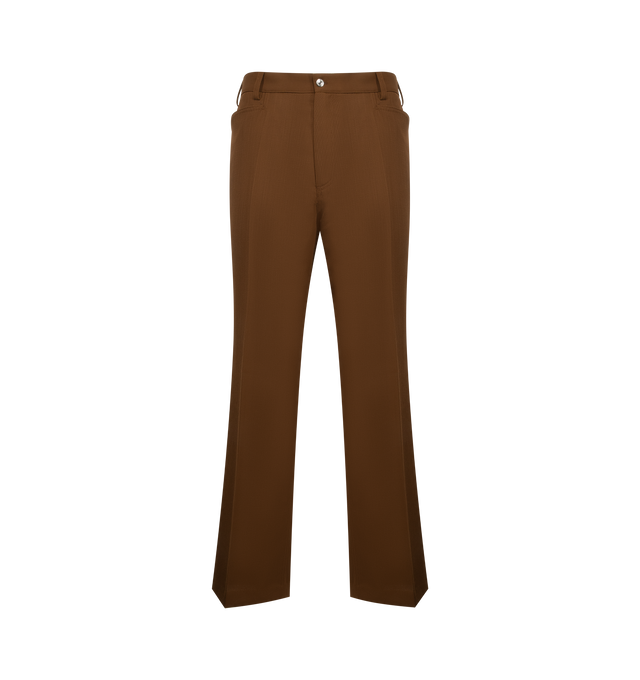Image 1 of 3 - BROWN - SECOND LAYER Angel Trousers featuring relaxed flared fit with a fully constructed waistband, metal shank closure, zip fly, front scalloped pockets, two back patch pockets and IMF contrast stitching along the pockets and side seams. 100% polyester. Made in Italy.
