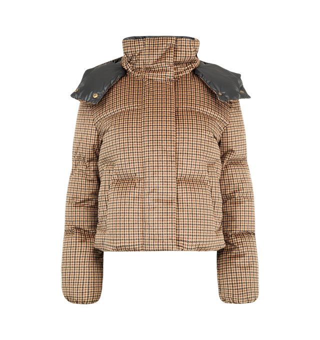 Image 1 of 4 - BROWN - MONCLER Quierzy Hooded Short Down Jacket featuring polyester lining, down-filled, detachable hood, zipper closure, pockets with snap button closure and adjustable hem with drawstring fastening. 100% polyester. Padding: 90% down, 10% feather. Made in Romania.