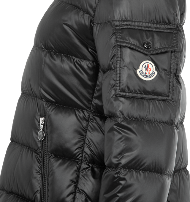 Image 3 of 3 - BLACK - MONCLER Glesse Hooded Short Down Jacket featuring longue saison lining, down-filled, hood, zipper closure, sleeve pocket with snap button closure, zipped pockets and adjustable cuffs. 100% polyamide/nylon. Padding: 90% down, 10% feather. Made in Moldova.