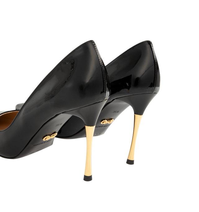 Image 3 of 4 - BLACK - Mach & Mach Women's Supernova Gold Heel Pump is crafted from glossy patent leather and features an elegant pointed-toe silhouette with a 95mm heel. Designed with a gold heel design for a refined statement. Main Material: Patent Leather. Made in Italy.