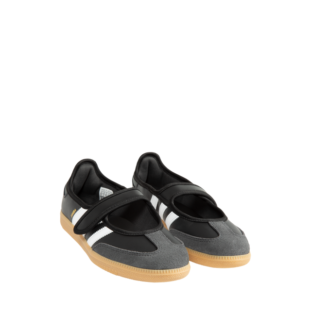 Image 2 of 5 - BLACK - Adidas Women's Samba Jane Shoes are crafted from smooth leather and feature a modern Mary Jane-inspired interpretation of the iconic Samba silhouette. Designed with signature serrated 3-Stripes, a low-profile shape, satin lining, and a gum rubber outsole, this style blends the heritage of the original indoor trainer with a contemporary everyday aesthetic.
