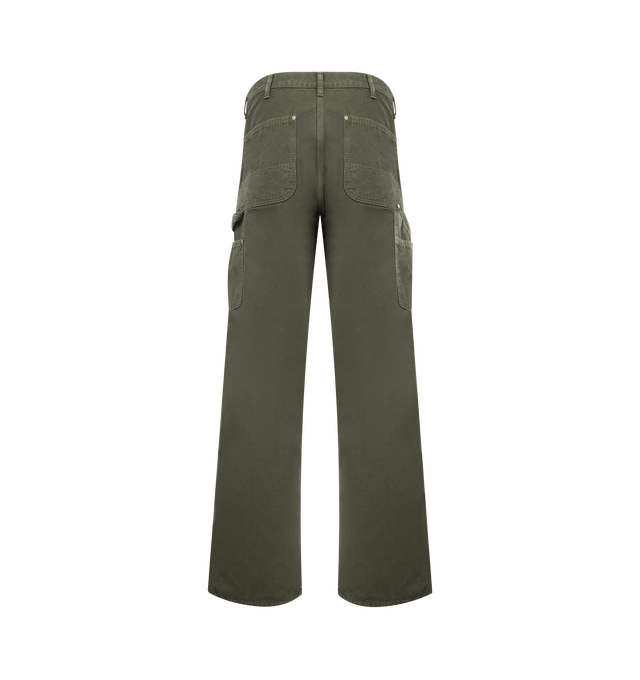Image 2 of 3 - GREEN - ORSLOW Dad's Fit Oxford Painter Pants featuring a wide-fit, 12.5oz denim, button zip fly, belt loops, 4 style pocket and one pocket on leg seem. 100% cotton. Made in Japan.