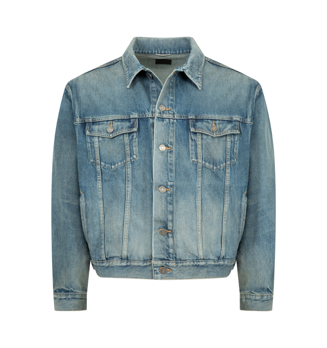 Image 1 of 3 - BLUE - SAINT LAURENT Loose Trucker Jacket featuring loose-fit, certified cotton, a pointed collar, front buttons, flap pockets, cotton lining, two patch pockets with buttoned flap at the chest, two welt pockets at the front, one-button cuffs and logo embossed leather jacron. 100% cotton. Made in Japan.