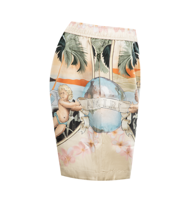 Image 3 of 3 - MULTI - AMIRI Cherub Silk Drawstring Shorts featuring cherub graphic print, regular rise, elasticized drawstring waist, side pockets and relaxed legs. 100% silk. Made in Italy. 