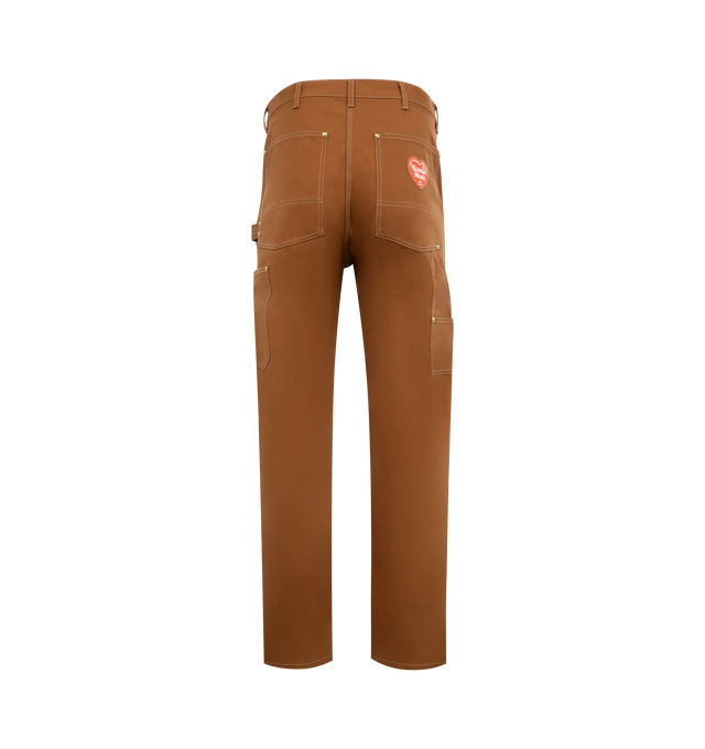 Image 2 of 3 - BROWN - HUMAN MADE Duck Work Trousers featuring front button and zip fastening, mid-rise, belt loops, two diagonal pockets to the sides, mini logo tag, two rear patch pockets, logo patch to the rear and straight leg. 100% cotton.