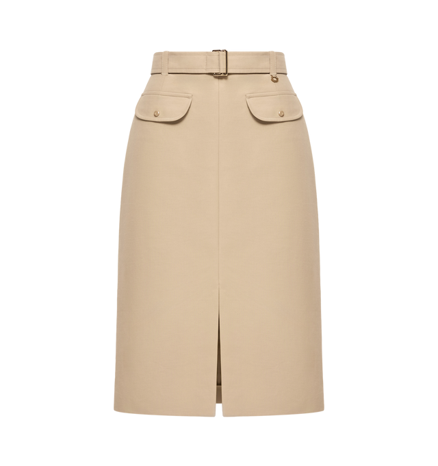Image 1 of 1 - NEUTRAL - Moncler Womens Double-Sided Cotton Skirt is crafted from double-sided cotton and features a detachable belt, zip closure, flap pockets with button closures, and a front slit. This designer cotton midi skirt combines a structured silhouette with utility-inspired detailing for elevated everyday wear. Main Material: 100% Cotton. Made in Hungary.
