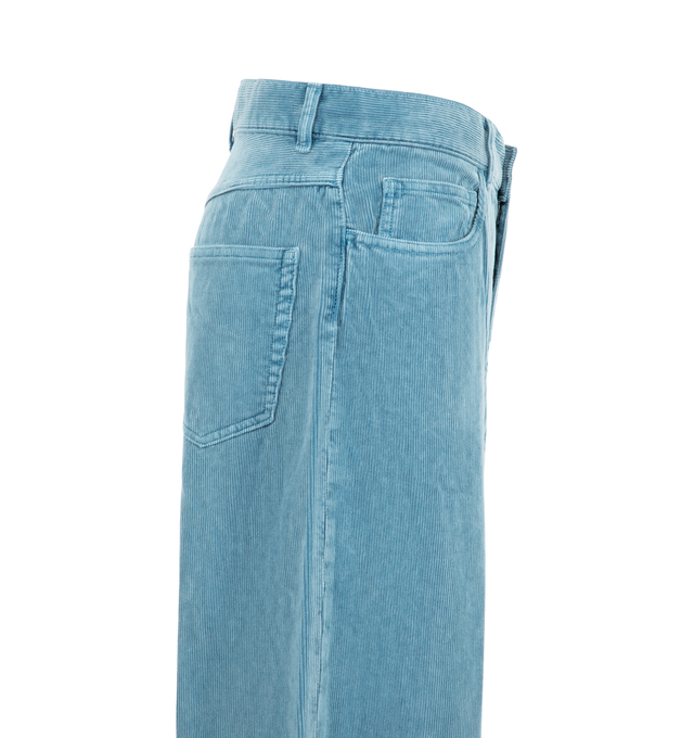 Image 3 of 3 - BLUE - Auralee Women's Garment-Dyed Finx Corduroy 5-Pocket Wide Pants are crafted from premium Egyptian Finx cotton corduroy and feature a wide-fit silhouette, a straight-leg cut, and classic five-pocket styling. Designed to showcase the exceptional softness and smooth texture of Finx extra-long staple cotton, the fabric retains its refined hand and luxurious appearance even after garment dyeing, while developing rich depth and character through the finishing process. Main Material: 100% Cott