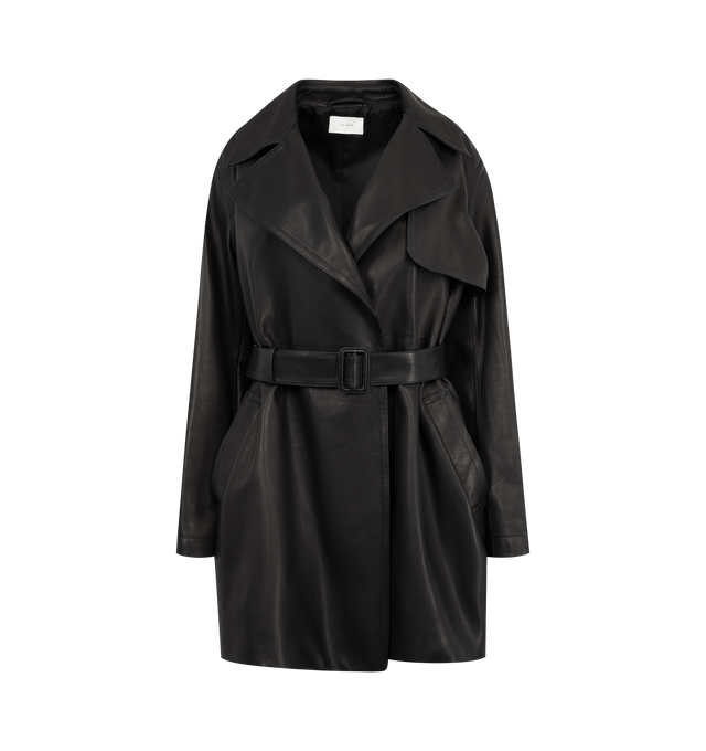 Image 1 of 3 - BLACK - THE ROW Siempra Coat featuring double-breasted trench coat in softly grained calfskin leather with wide notch lapel, slant welt pockets and removable buckle belt. 100% calfskin leather. Lined in 100% silk. Made in Italy.