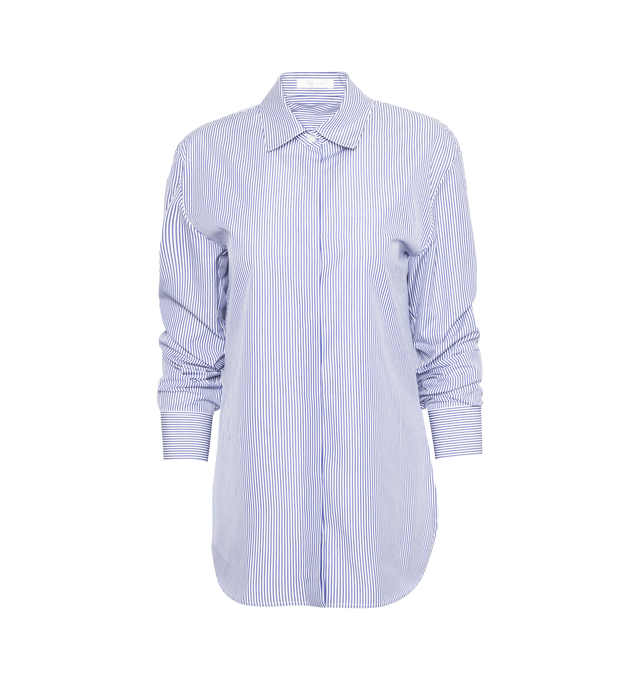 Image 1 of 3 - BLUE - THE ROW Derica Shirt featuring straight fit, button-up front, cashmere cotton, classic shirt hem finish and yoke at back. 95% cotton, 4% cashmere, 1% elastane. Made in Italy. 