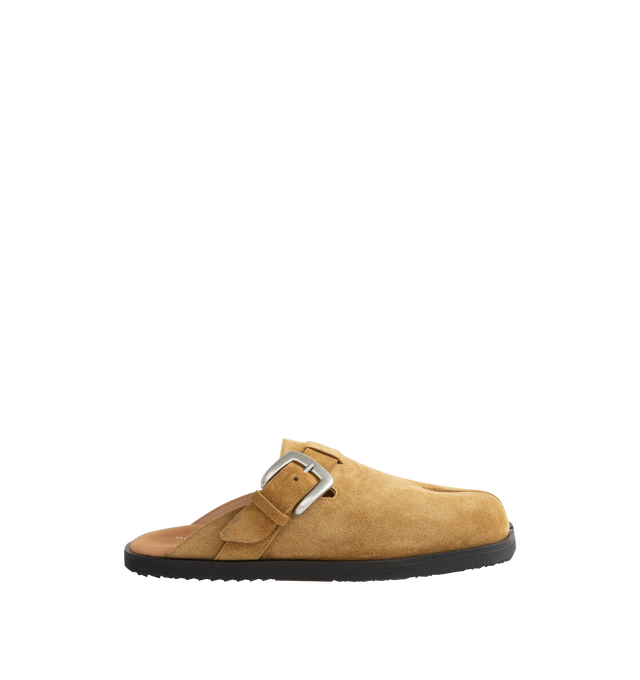 Image 1 of 4 - NEUTRAL - Maison Margiela Women's Tabi Daily Mules are crafted from calf suede and feature the signature split-toe design, a slip-on mule silhouette, open-back construction, an adjustable buckle strap, and a durable rubber sole. These designer suede mules combine the iconic Tabi silhouette with everyday comfort for effortless styling. Main Material: 100% Calf Suede. Lining: 50% Calf Leather, 50% Calf Suede. Sole: 100% Rubber. Heel Height: 1.1 cm. Made in Italy.