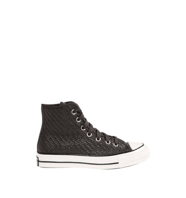 Image 1 of 5 - BLACK - CONVERSE Chuck 70 Woven Leather High Top Sneaker featuring premium woven leather upper, OrthoLite cushioning, varnished, off-white midsole and toe cap, tonal laces and signature leather Chuck Taylor ankle patch and classic All Star license plate.