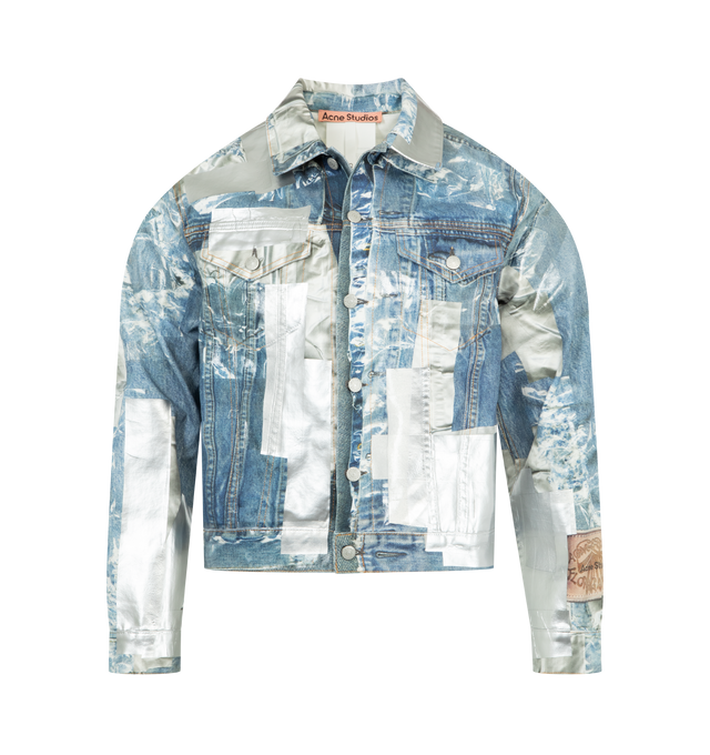 Image 1 of 3 - BLUE - ACNE Trompe-l'il Denim Jacket featuirng ready-to-dye cotton canvas with a brushed face, trompe-l'il tape print to mimic mended tears, with additional tape appliqu for texture, branded buttons, chest and side pockets, adjustable waist and sleeve tabs, fitted silhouette with cropped sleeves and waist-length hem. 100% cotton.