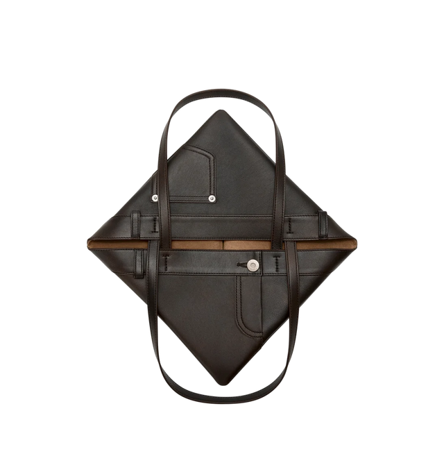 Image 4 of 4 - BROWN - LOEWE Panta Medium Puzzle Fold Tote featuring lightweight geometric structure designed to fold completely flat. This medium version is crafted in vintage-finish shiny calfskin with denim trousers-inspired details, shoulder or hand carry, suede lining and silver embossed LOEWE. Shiny calf. 31.5 cm x 25.5 cm x 14.5 cm. Made in Spain.
