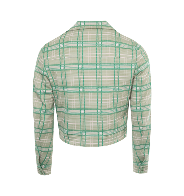 Image 2 of 2 - GREEN - AMIRI Plaid Jacket featuring stretch nylon-blend, check pattern throughout, notched lapel, button closure, logo graphic embroidered at patch pocket, patch pockets at front, button tab at hem, two-button barrel cuffs, welt pocket at interior and full twill lining. 60% polyamide, 37% polyester, 3% elastane. Lining: 100% viscose. Made in Italy. 