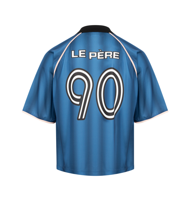 Image 2 of 2 - BLUE - LE PERE Heritage Kit LPFC Football Jersey featuring premium Spanish jersey fabric, stripes rendered with a slight digital distortion, a custom le PRE club crest on chest, number 90 emblazoned on the back, short sleeves and collar. 100% PES. Made in Portugal.