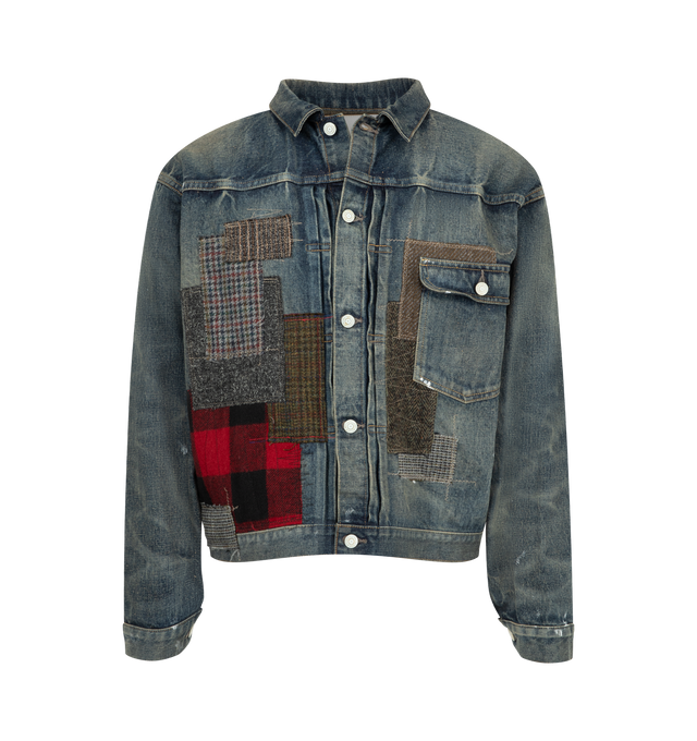 Image 1 of 3 - MULTI - Junya Watanabe Man x New Manual Men's Cotton Denim Multi Fabrics Mix Trucker is crafted from cotton denim and features a boxy, slightly cropped silhouette, patchwork construction, dropped shoulders, and a front button closure. Designed as part of the Junya Watanabe Man x New Manual collaboration, this trucker jacket is finished with a T-back silhouette, vintage-inspired wash, paint-splatter-effect detailing, and a metal-buckled cinch-back adjuster at the lower back. Main Material: 100