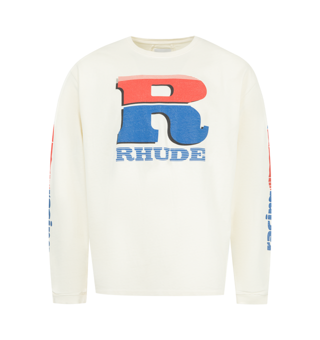 Image 1 of 3 - WHITE - RHUDE Split Petrol Logo T-shirt featuring cotton jersey T-shirt, rib-knit crewneck and cuffs, logo printed at chest and sleeves and dropped shoulders. 100% cotton. Made in United States.
