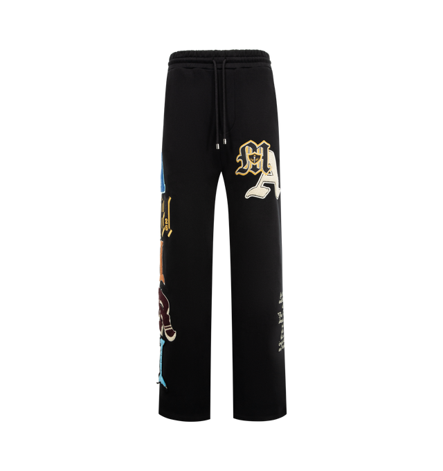 Image 1 of 5 - BLACK - AMIRI Varsity Patch Sweatpant featuring multicoloured appliqus, elasticated waistband with drawstring, relaxed fit, side pockets and back welt pocket. 100% cotton.