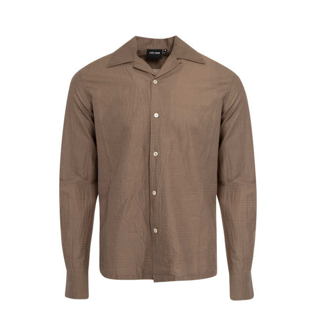Image 1 of 2 - BROWN - LITE YEAR Camp Collar Shirt featuring button up closure, button cuffs and Japanese Miracle Wave fabric, soft and durable. 100% cotton. 