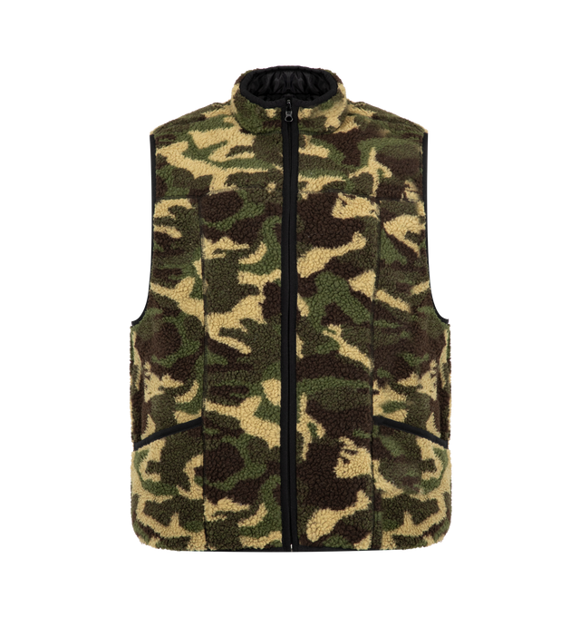 Image 1 of 3 - GREEN - PLEASURES Felis Reversible Vest featuring fleece camo print on one side, quilted batting with an embroidered PLEASURES logo on the other, zip front closure and stand collar. 100% polyester.