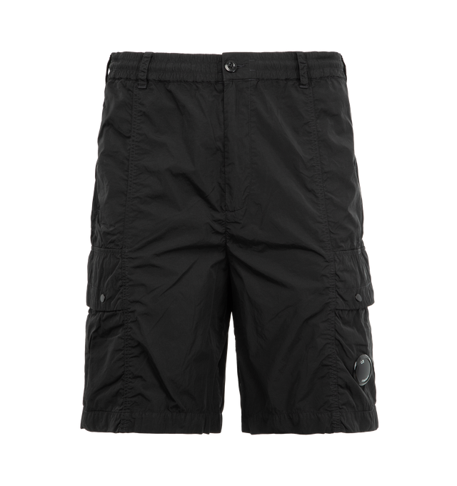Image 1 of 3 - BLACK - C.P. COMPANY Chrome-R Lens Boxy Cargo Shorts featuring adjustable drawstring waistband, button and zip fastening, belt loops, side pockets, cargo flap snap pockets with Lens detail, back snap pocket, back applied logo label, garment dyed and boxy fit. 100% polyamide/nylon.