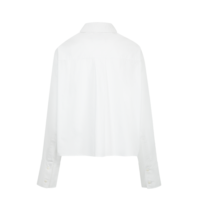 Image 2 of 2 - WHITE - Mira Mikati Women's Deep Cuff Stripe Shirt With Embroidery featuring slightly oversized fit, dropped shoulder, tab detailing to the sides, a blue and red pinstripe cotton poplin design and messages of positivity like To the moon and back embroidered on the front and back. 100% cotton.