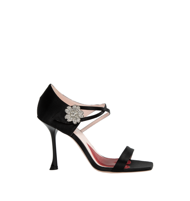 Image 1 of 4 - BLACK - ROGER VIVIER I Love Vivier Daisy Satin Sandals featuring crystal-embellished daisy buckle accent, open toe, adjustable ankle strap and leather outsole. 100MM stiletto heel. Satin. Lining: leather. Made in Italy. 