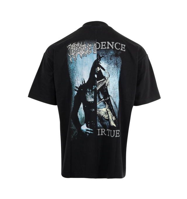 Image 2 of 2 - BLACK - VETEMENTS COF Cut Up Oversized T-Shirt featuring cotton jersey, rib knit crewneck, graphic print at front and back, dropped shoulders and short sleeves. 100% cotton. Made in Portugal.