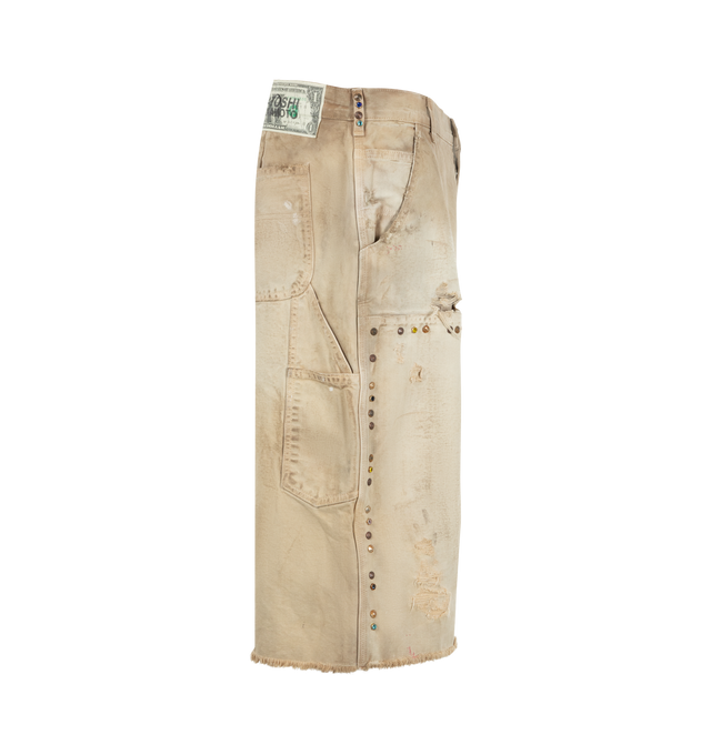 Image 3 of 3 - NEUTRAL - Satoshi Nakamoto Danny's Carpenter Shorts feature distressed details, stud embellishments, and paint splatters. Main material: 100% Cotton.
