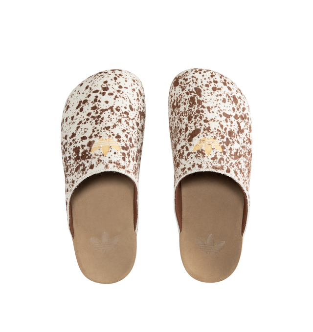 Image 4 of 4 - MULTI - Adidas Men's Adimule Slide is a casual slip-on mule designed for comfort and style. It features a cow-print pattern in shades of brown paired with a soft suede footbed. Exterior: leather upper, suede footbed, cork sole, textile lining, durable rubber outsole. Made in Vietnam.