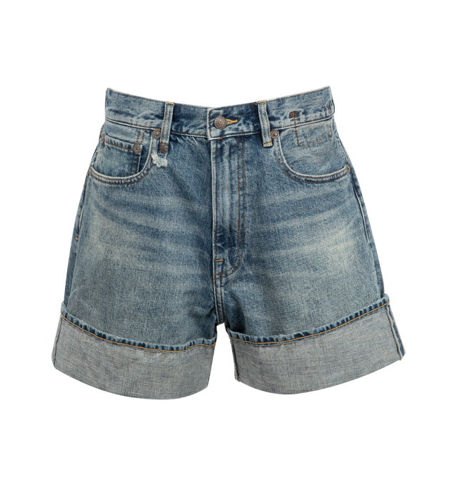 Image 1 of 3 - BLUE - R13 Nina Short featuring relaxed-fit, faded, subtly distressed nonstretch denim, zip fly with button closure, five-pocket style and cuffed hem. 100% cotton.
