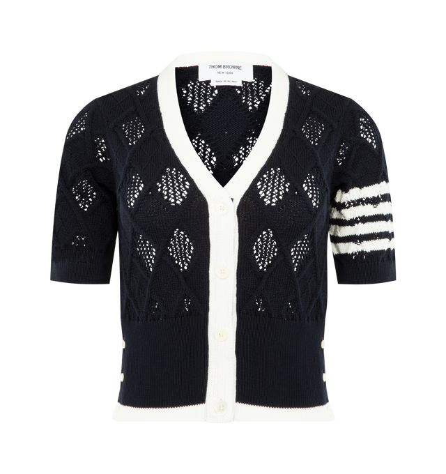 Image 1 of 3 - NAVY - THOM BROWNE Argyle Pointelle 4-Bar Cardigan featuring v-neck, short sleeves, button fastening, signature 4-Bar stripe at the sleeve, RWB stripe tab at the back and ribbed cuffs and hem. 100% cottton.