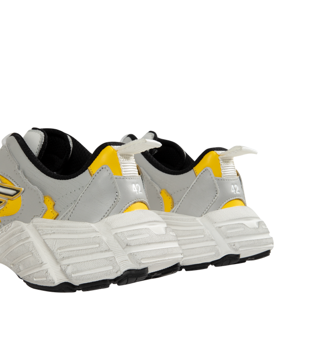 Image 3 of 5 - GREY - BALENCIAGA Monday Sneaker featuring worn-out effect, visible top-stitching, written size debossed at back of the heel, 3B sports icon artwork in rubber on each side, 3B sports icon artwork debossed on the tongue, Balenciaga logo embossed on the exterior sole and back pull-on tab. Upper: cowskin, polyester. Sole: rubber. Insole: foam. Made in China.