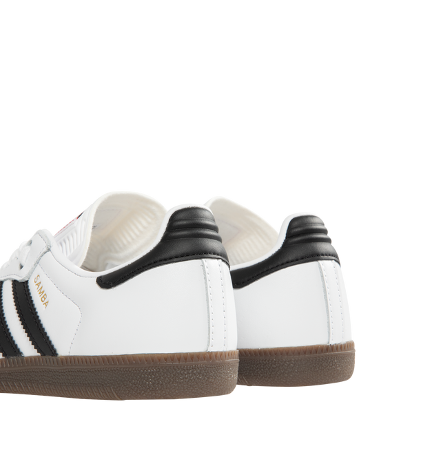 Image 3 of 5 - WHITE - ADIDAS Samba Bape Sneaker featuring leather uppers, gum rubber soles, 3-stripe detail, gold foil lettering, lace up closure and STA logo on lateral.