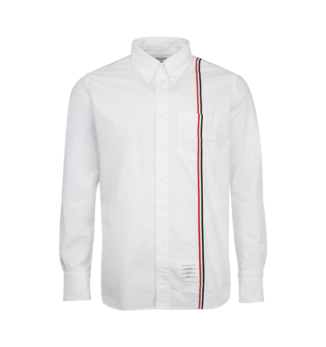 Image 1 of 2 - WHITE - THOM BROWNE Straight Fit Button Down featuring grosgrain ribbon trim, RWB stripe, button-down collar, front button fastening, chest patch pocket, long sleeves, buttoned cuffs and curved hem. 100% cotton. Made in Italy.